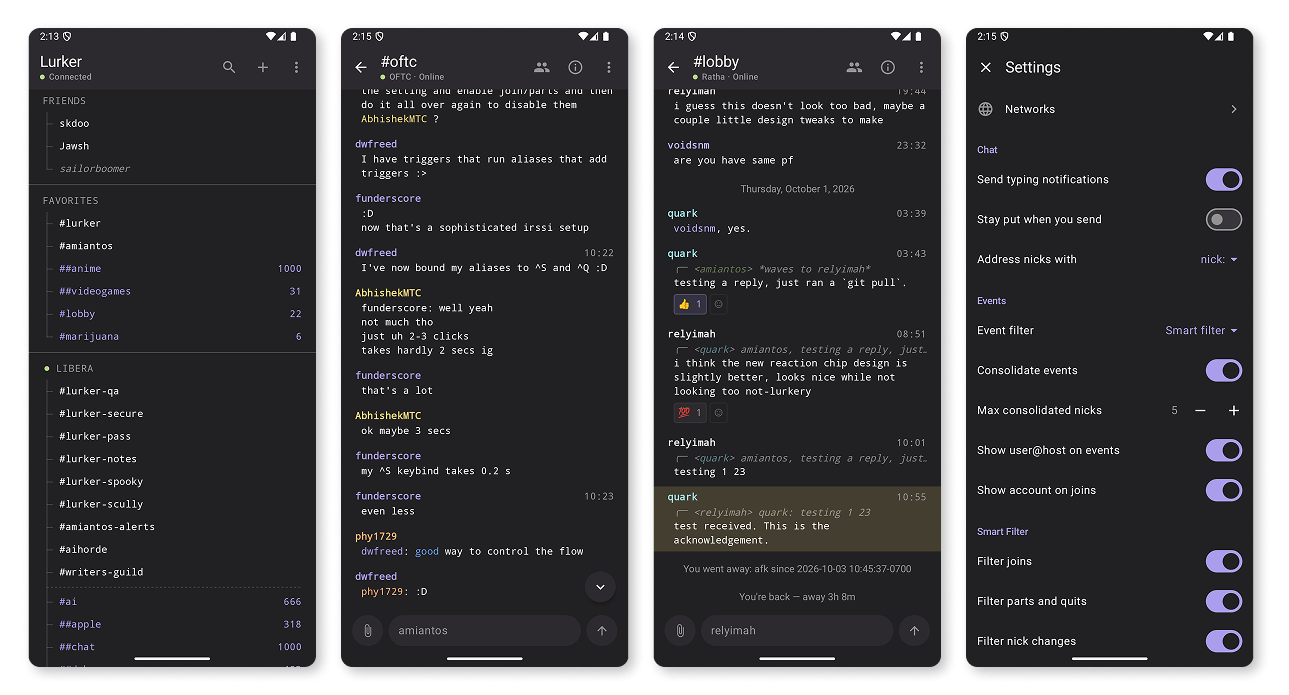 Lurker for Android: the buffer list, two channel conversations with replies and reactions, and settings.