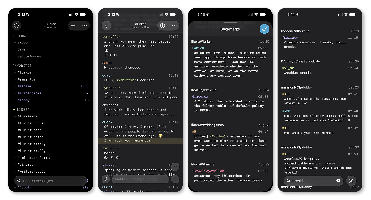 Lurker for iOS: the buffer list, a channel conversation, bookmarks, and message search.