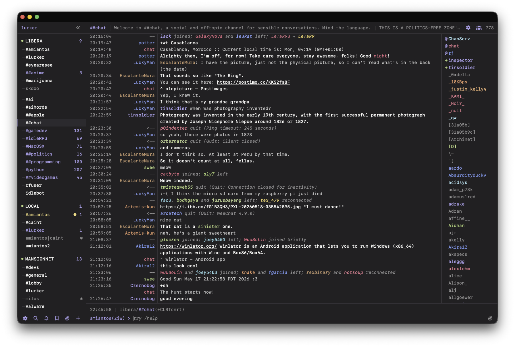 The Lurker IRC client: a channel list, an active conversation, and a member list in a dark interface.
